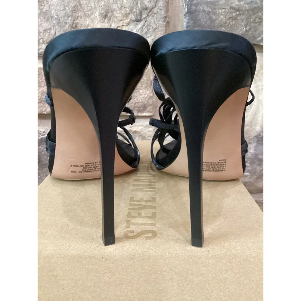 Steve Madden Sarabell Size 10 M Black Strappy Pointed Toe Stiletto Heel Sandals